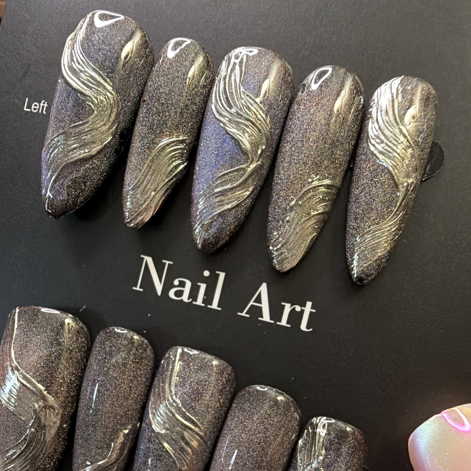 Abstract Coffin Press-On Nails Long Full Cover Gray Silver Shimmer Pre-Designed