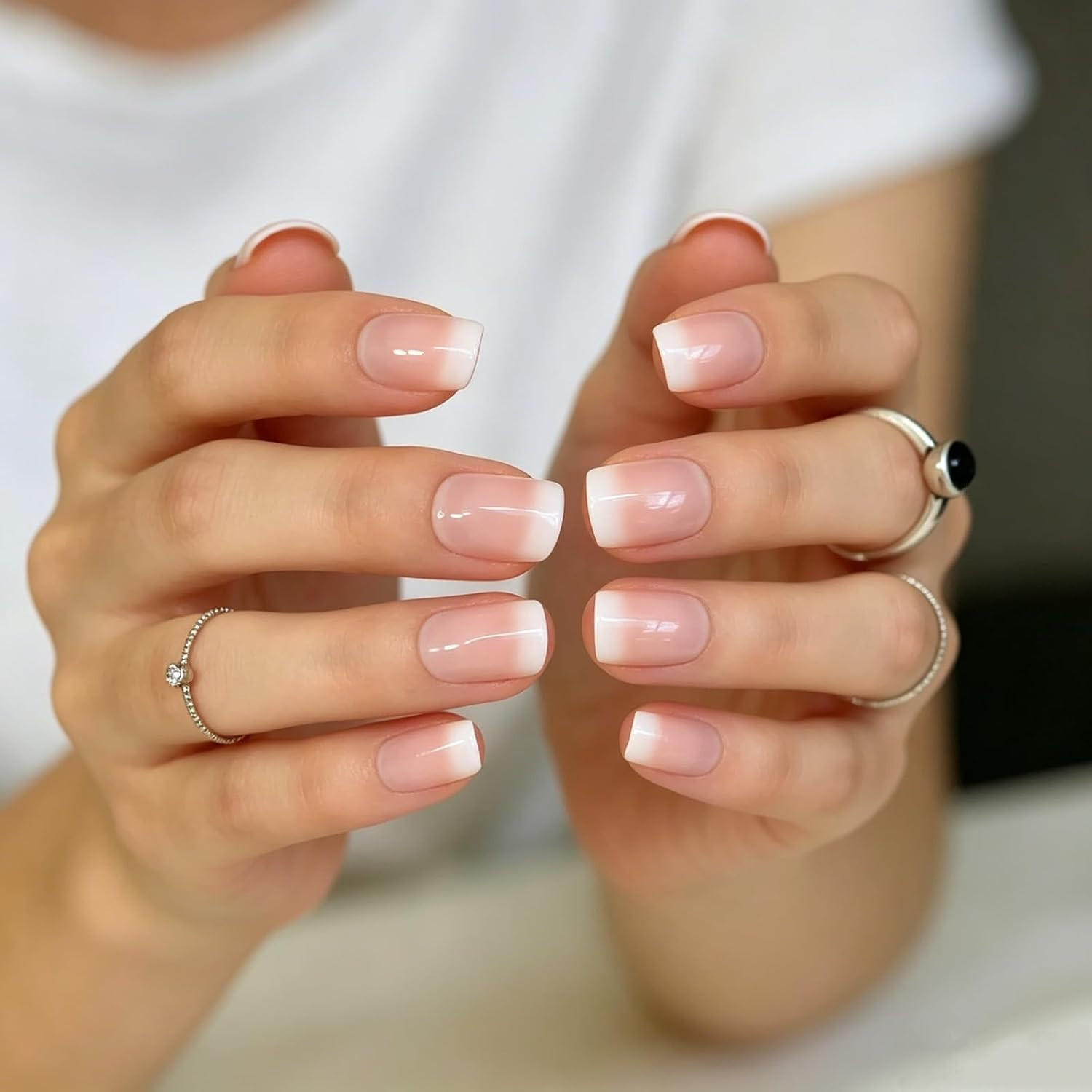 Orange Pink Nude White French Fake Nails Squoval Square UV Gel False Press on Na