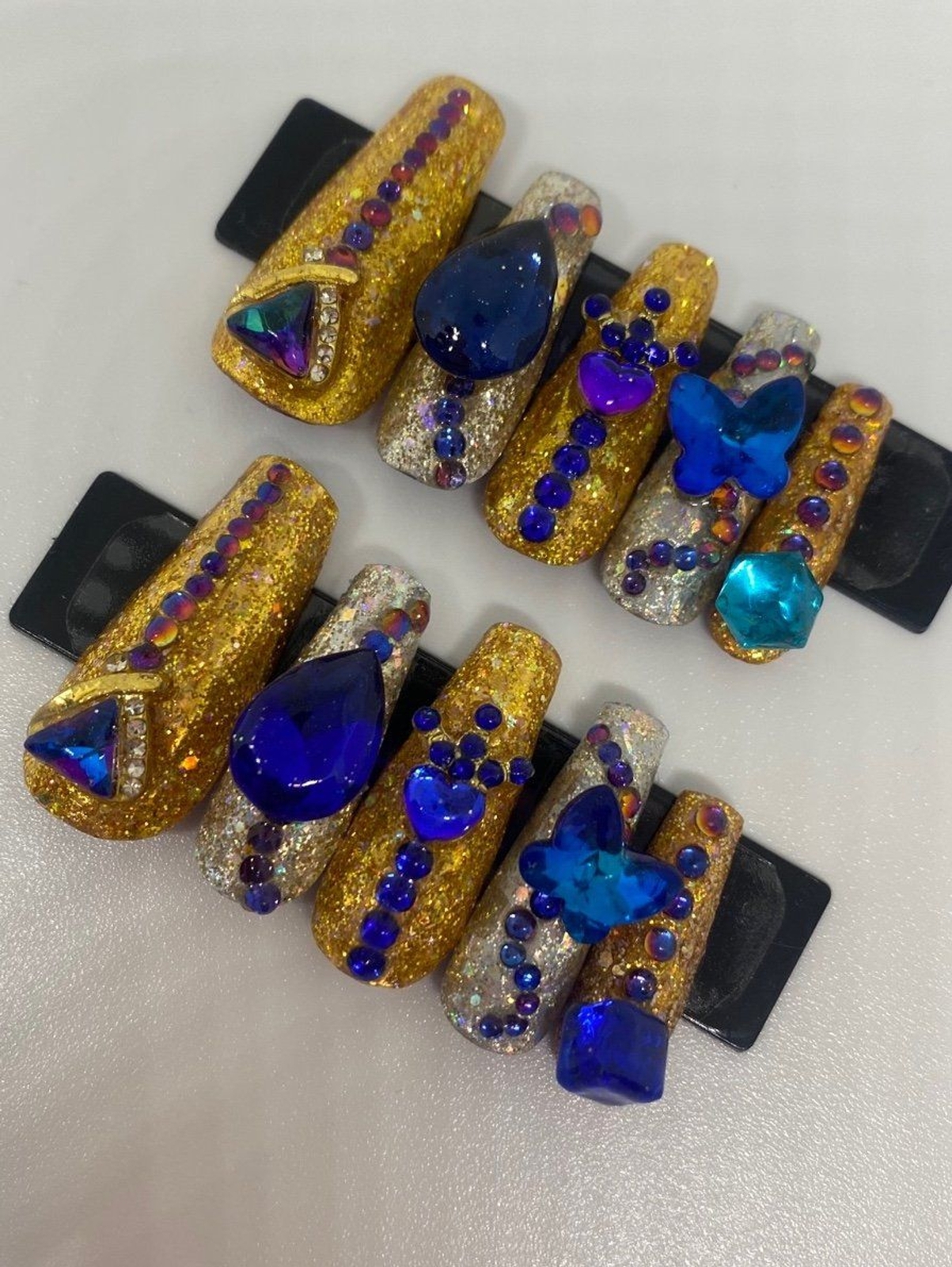 Silver and Gold Foils with Blue Jewels Handmade Press On Nail Set
