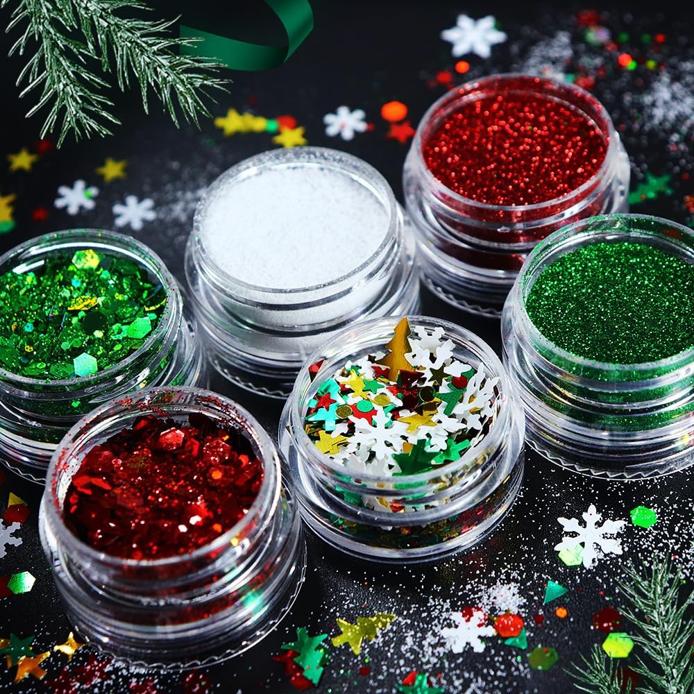 LPOODDNU Winter Nail Art Decorations: Flakes 3D christmas red green glitters