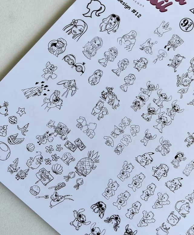 Cartoon nail art practice sheet reusable mat decal sticker template Planilha