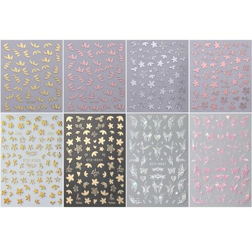 8pcs Gold Flower Leaf Nail Art Stickers 3D Self-Adhesive Metallic Nail Style5
