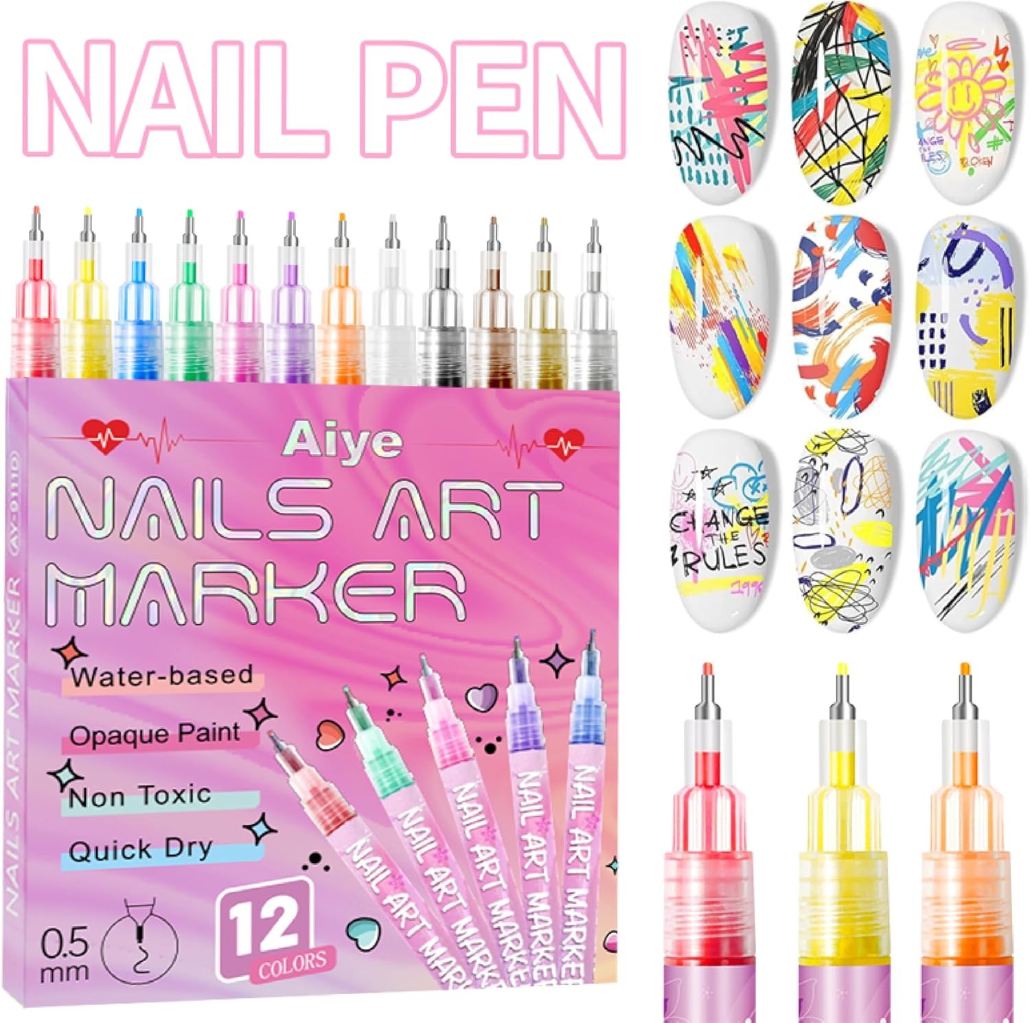 12 Colors Nail Art Pens Set 3D Nail Polish Pens Graffiti Dotting Pen