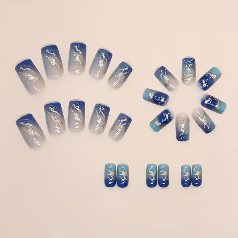 48 Pcs 2 Boxes Short Blue Gradient Press-On Nails Gold Metallic Marble Waves NIB