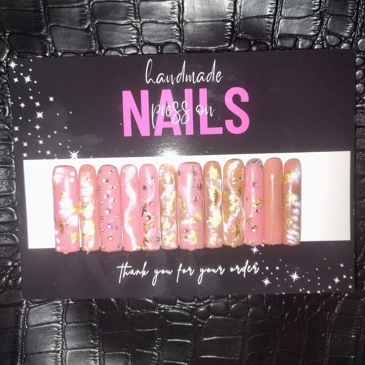 Homemade Square Long Press-On Nails Pink/Gold/White Glitter Abstract Full Cover