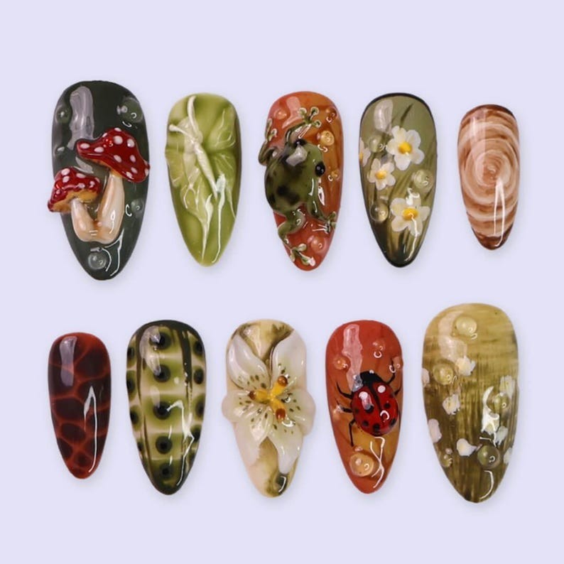 Fall Frog Mushroom Ladybug Floral Press On Nails Cottagecore Handmade Nail