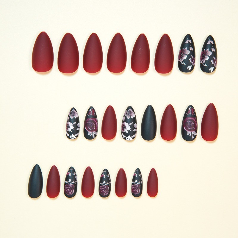 48PCS Oval Matte Black Rose Nail Press, Reusable Matte Rose Pattern Fake Nails