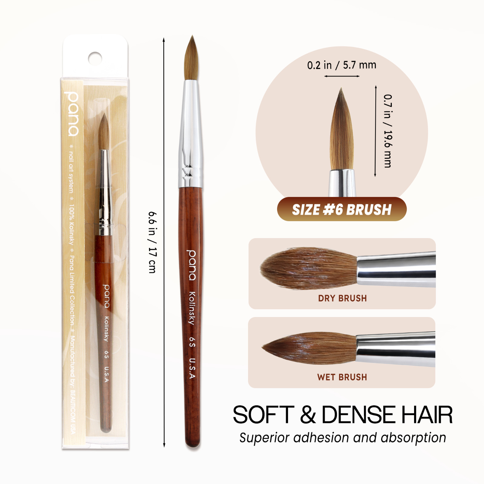Pana USA Acrylic Nail Brush 100% Pure Kolinsky Hair Mahogany Wood Handle -Size 6