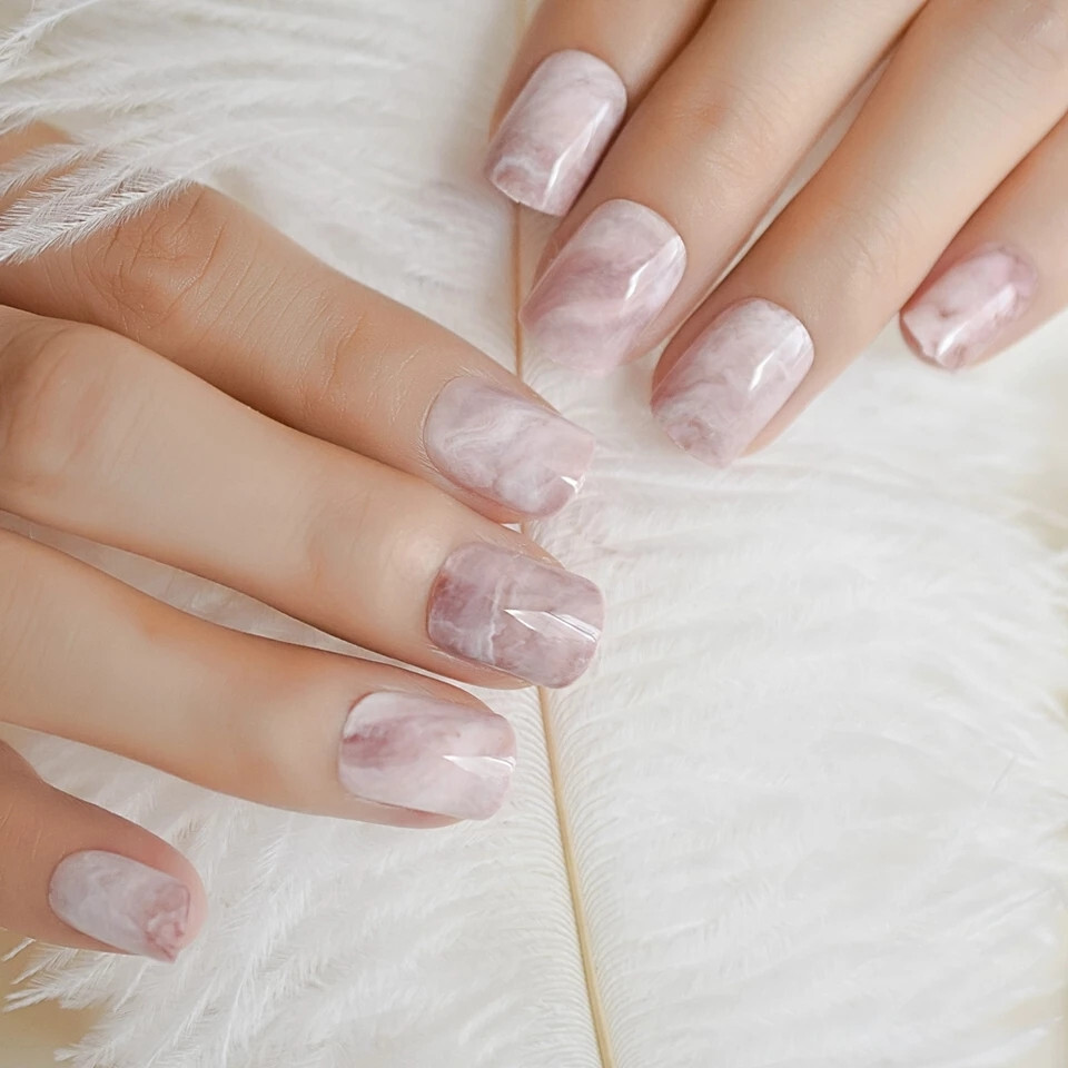 24 Short Press on nails kit w glue pink marble swirl