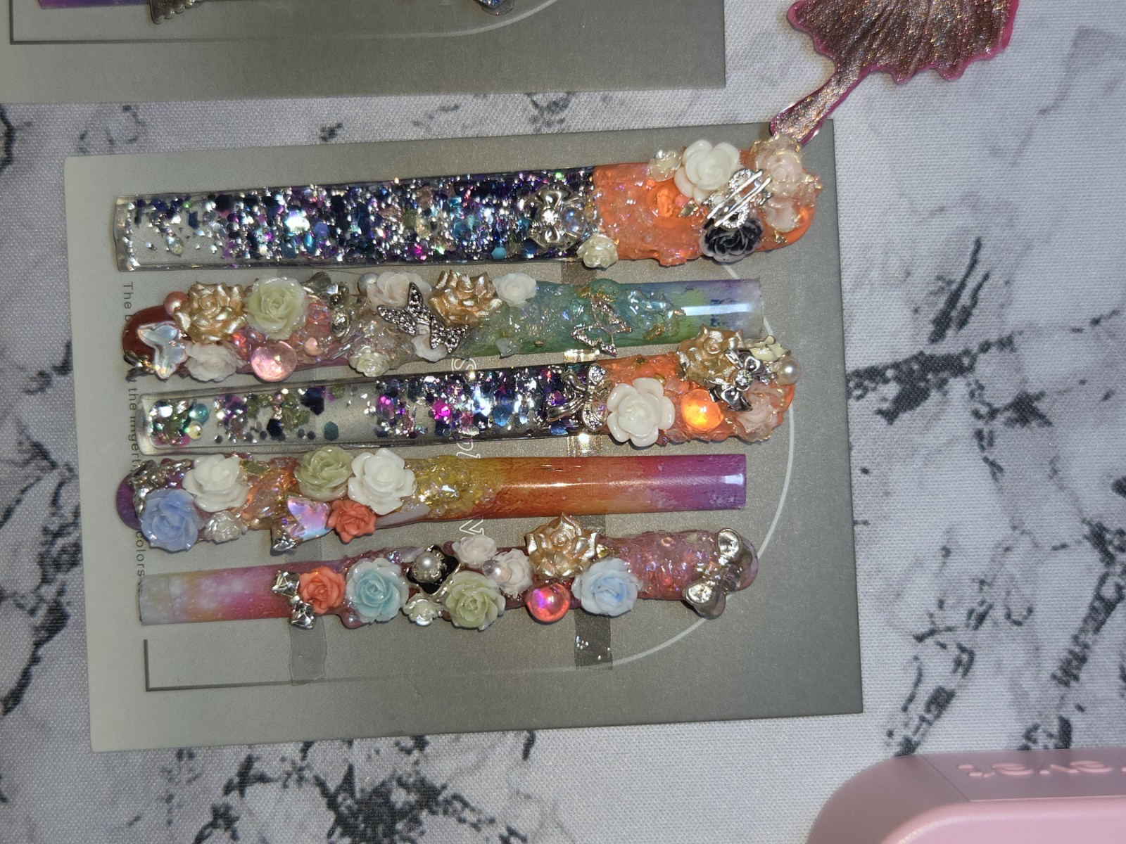 Press On Nails Medium XXXXLONG Galaxy themed colors with butterfly water nails.