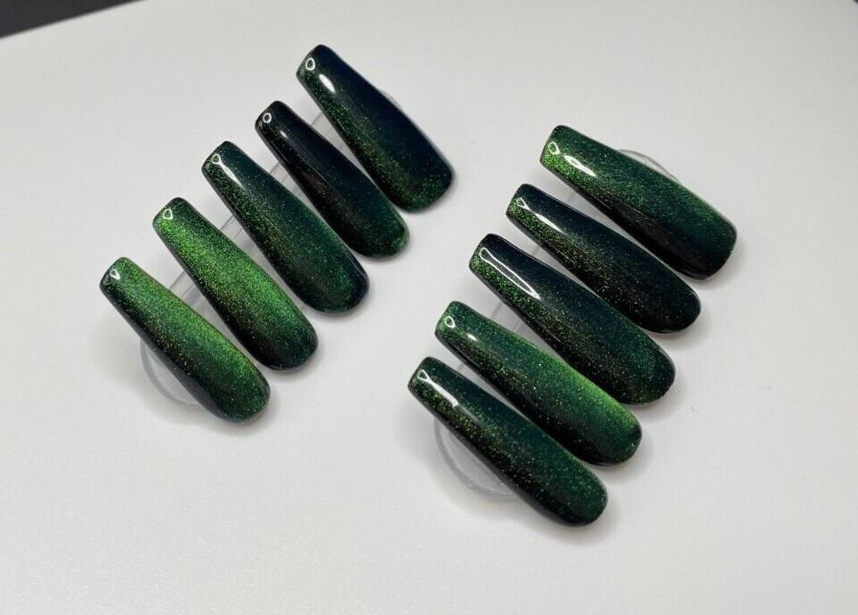 Witchy Blue Green Color-Shifting Cat Eye Coffin Press on Nails Hand Painted Nail