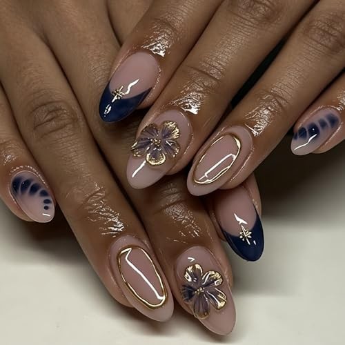 Medium Press on Nails Almond Flower Blue French Tip Blue Gold Flower Style