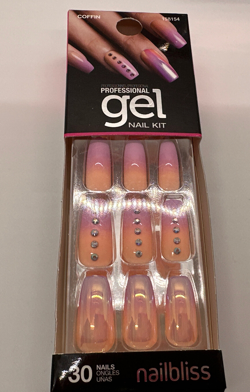 2 Press On Gel Glue On Nails Purple Glitter, Pink Orange Rhinestones Long