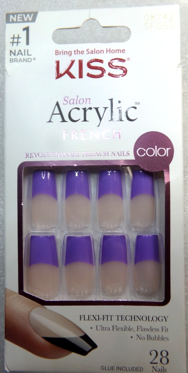 KISS Acrylic NAILS GLUE ON Purple French LONG LENGTH, Square SHAPE