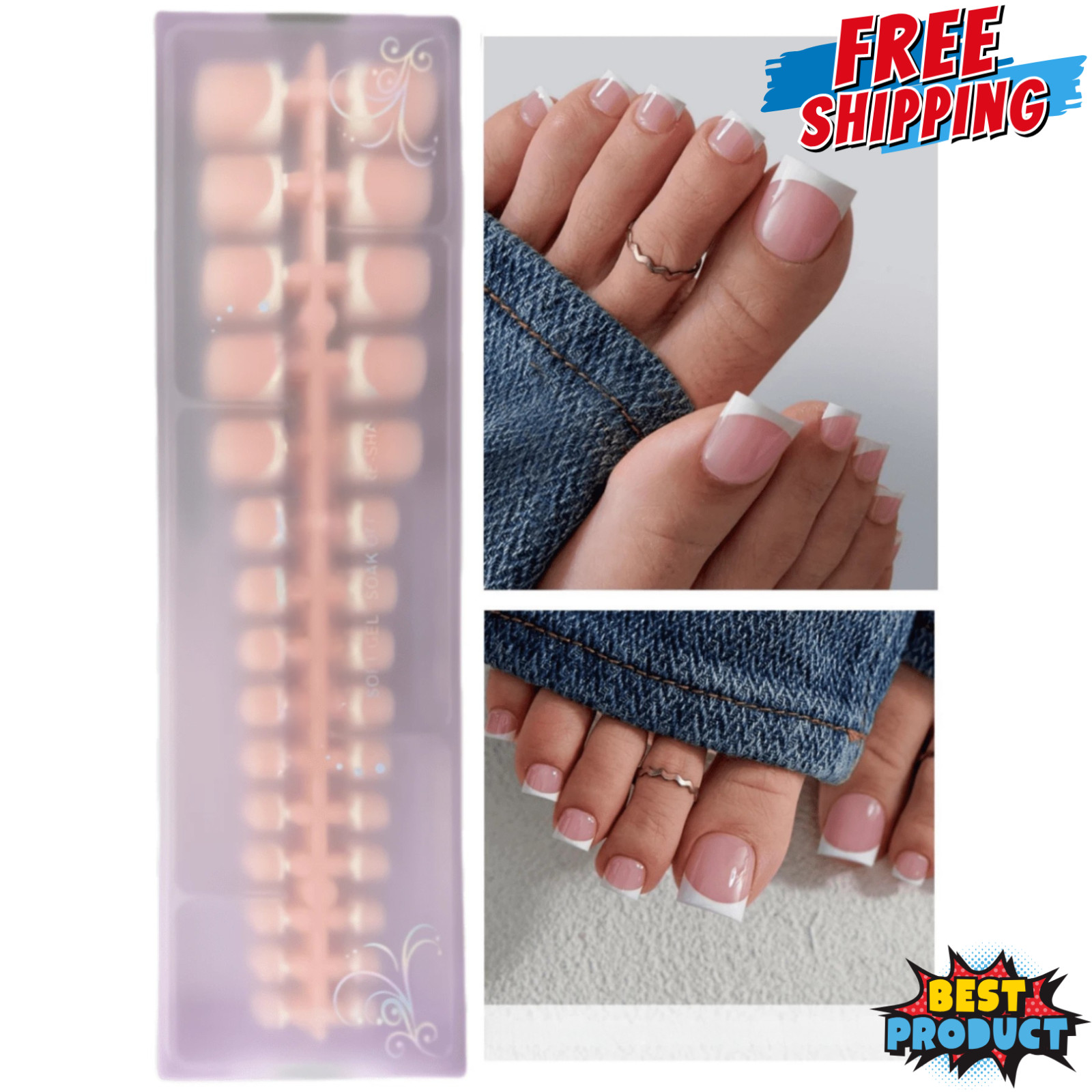 150x Press-On Fake Nail Tips Toenails Short Square French Soft Gel 15 Size Nails