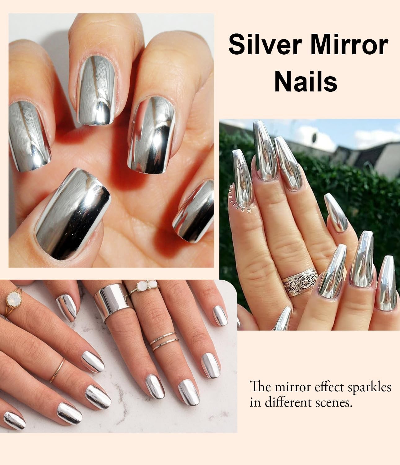 Gold Chrome Nail Powder – Metallic Mirror Effect Nail Chrome Powders Silver C…
