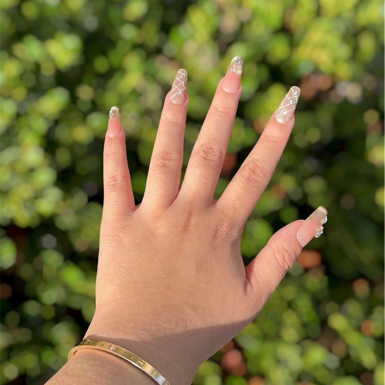 Handmade Press On Nails Medium Coffin Size S Nude Gold Bow Bling Crystal