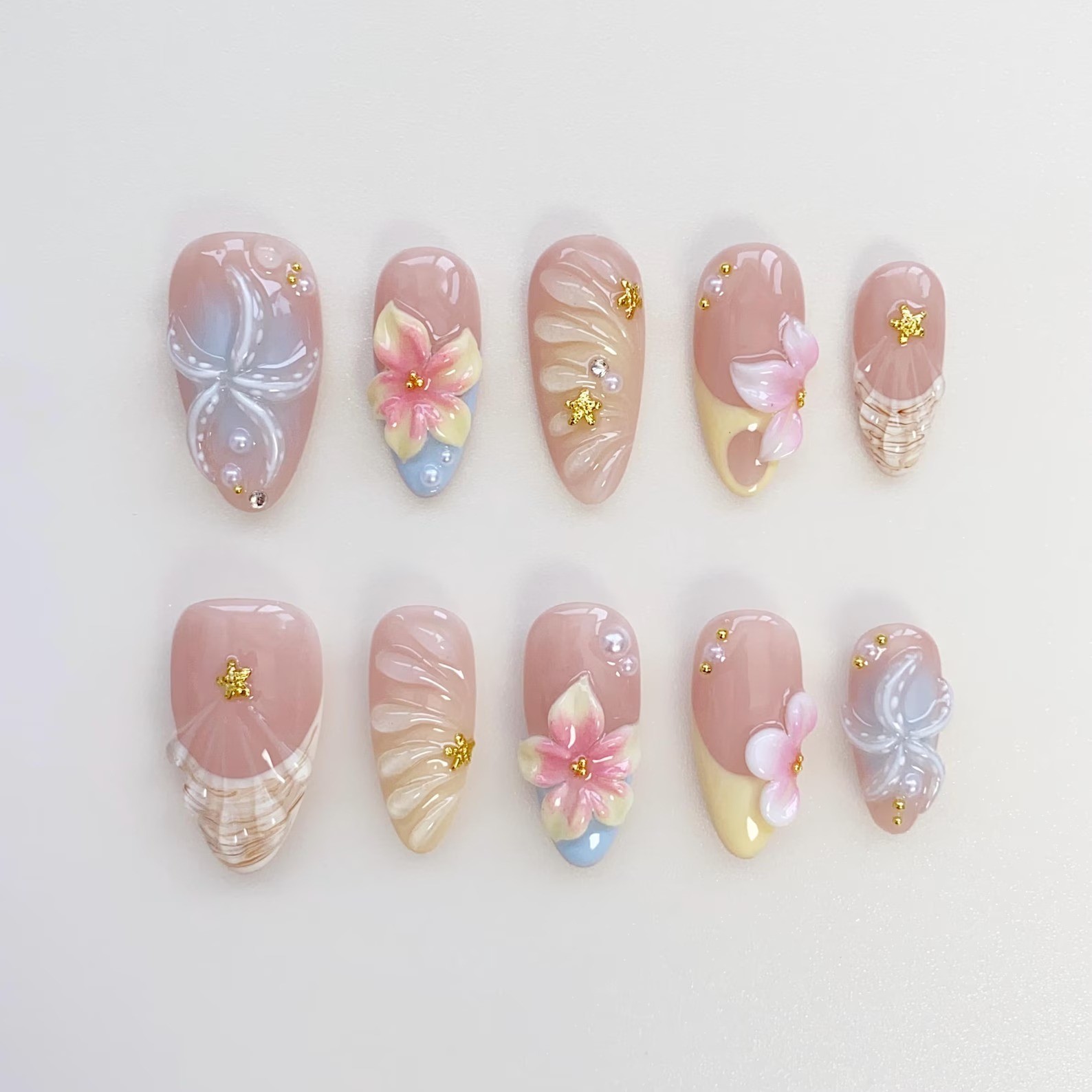 Starfish Bloom Summer Press-Ons: Yellow Floral/Shell, Multiple Shapes Available