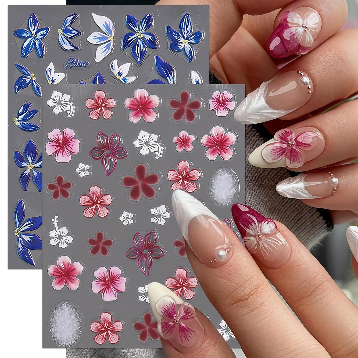 2 Sheets Flower Nail Stickers for Nail Art 5D Embossed Nail Decals Hibiscus Self