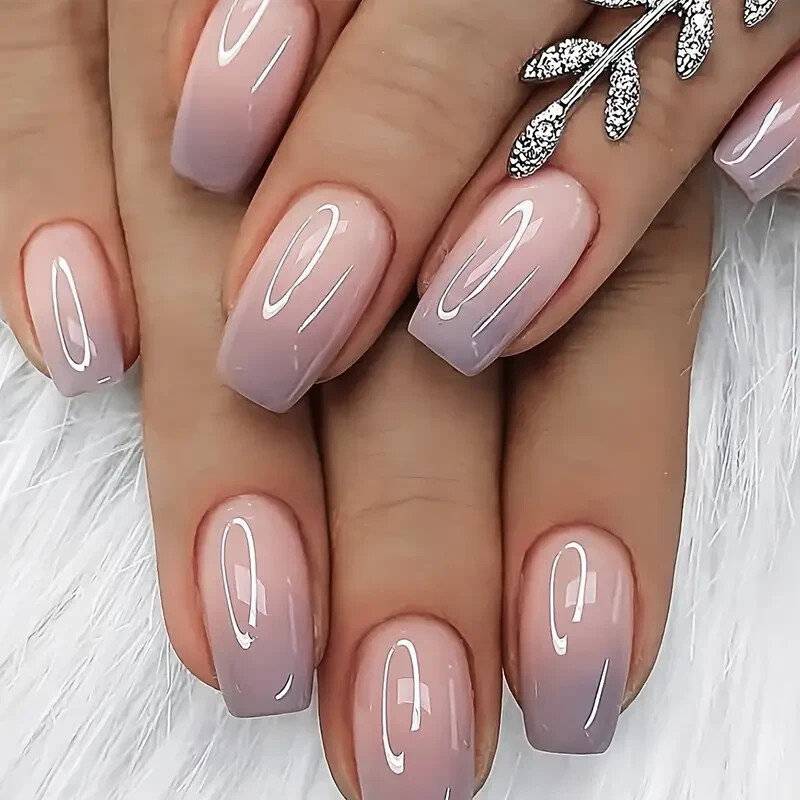 24 Pcs Oval Short Press On Nails Gradient Glossy Mixed Colors False Nail Set