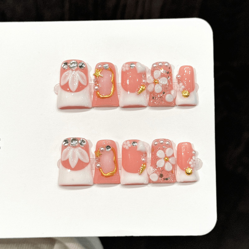Pink White French Flower Pearl Shiny Casual Elegant Handmade Press on Nails