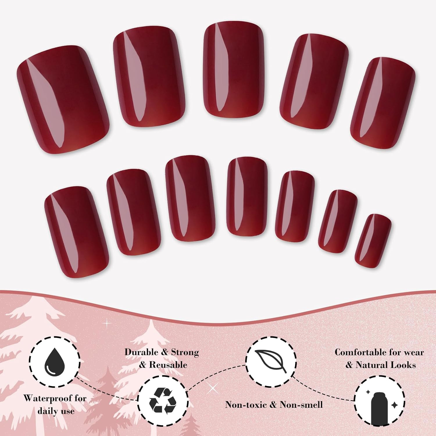 240pc Deep Red Press on Nails Short Fake Nails Square Presson Nail Tips, Glue on