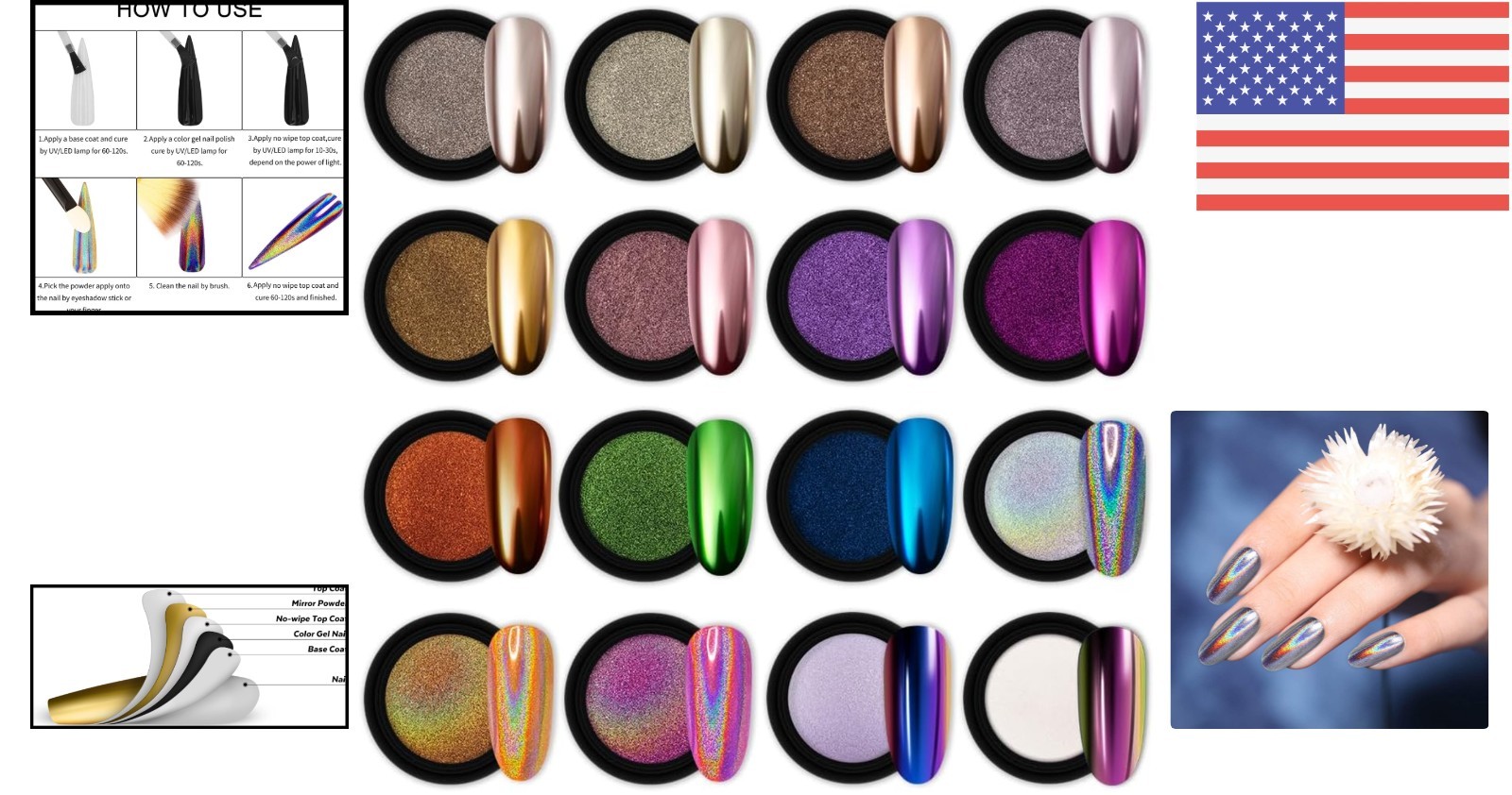 Professional Chrome Nail Powder Kit – 16 Jars for Mirror & Holographic Nails
