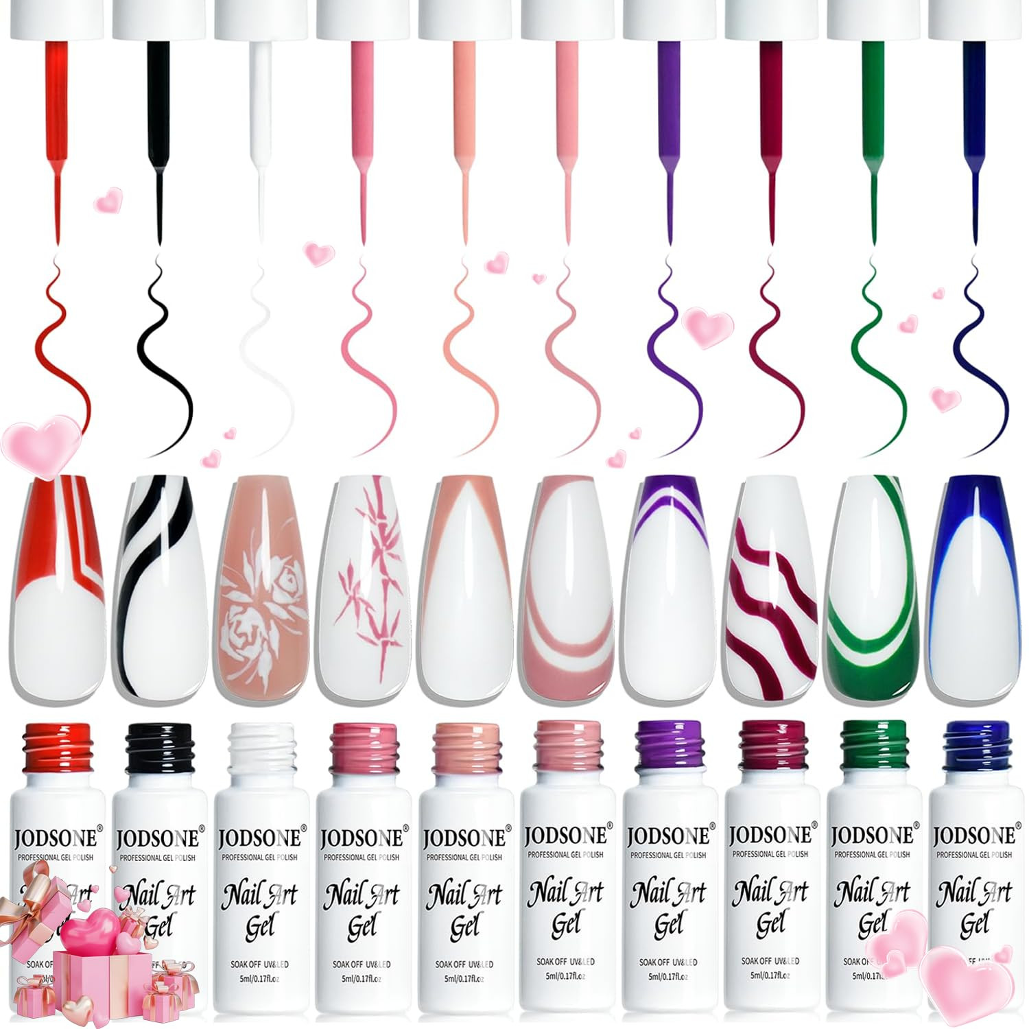 10Pcs Nail Art Gel Liner Set,3D Nail Art Pens Effect for Fine Lines,Thin Brush D