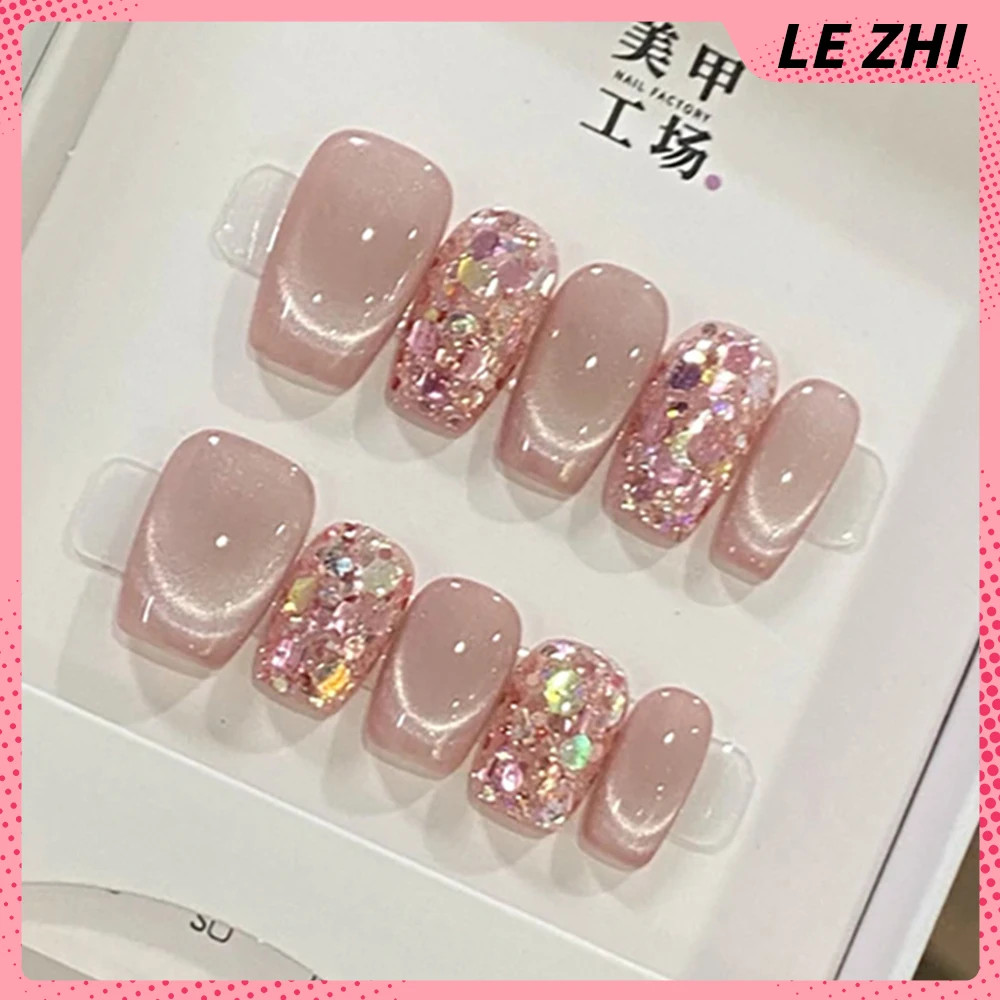 10Pcs Handmade Press on Nails Short Square Round Cat Eyes Sequins Diamond Bow