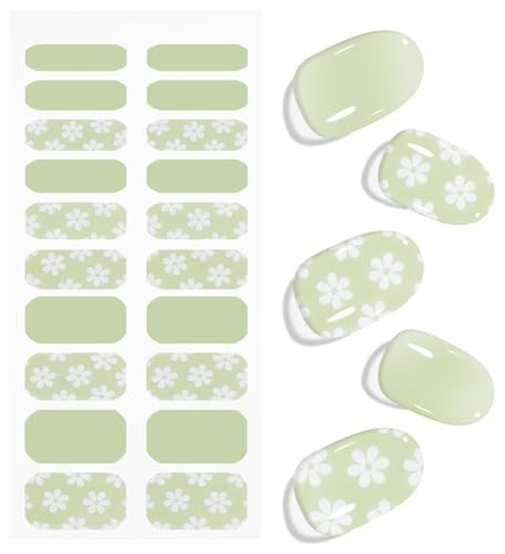 Gel Nail Stickers White Flower Light Green Semi Cured Gel Nail Strips Wraps
