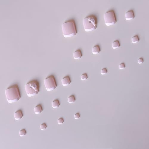 24Pcs White French Tip Press on Toenails Short Fake Toe Nails Press Design E4