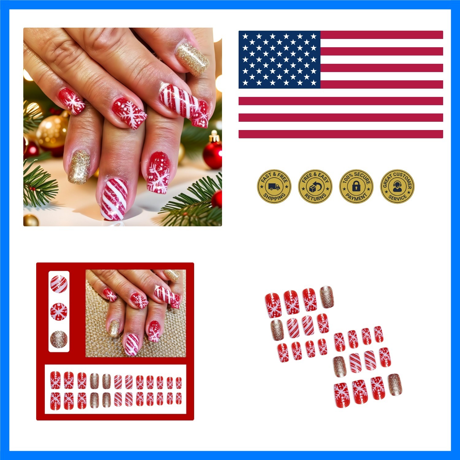 24Pcs Christmas Snowflake Press on Nails Short Square Fake Nails with Candy D…