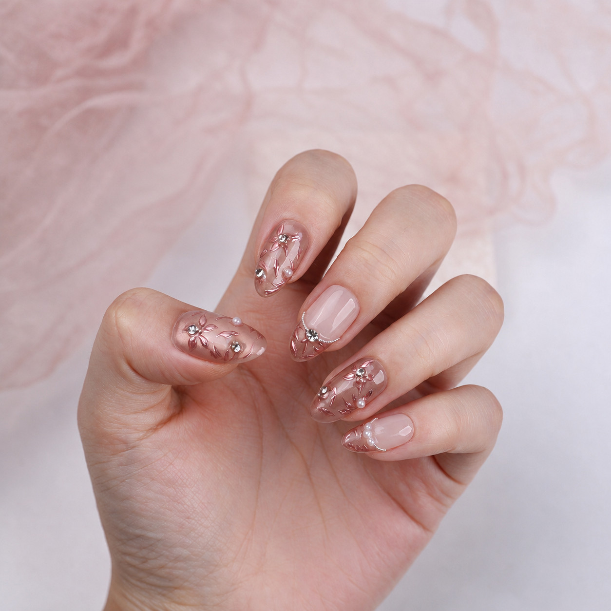 Press On Nails Medium Almond Nude Pink Floral Pearl Rhinestone Wedding Nail Set