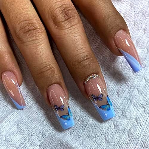 Medium Blue Ballerina French Tip Press on Nails – Butterfly Design