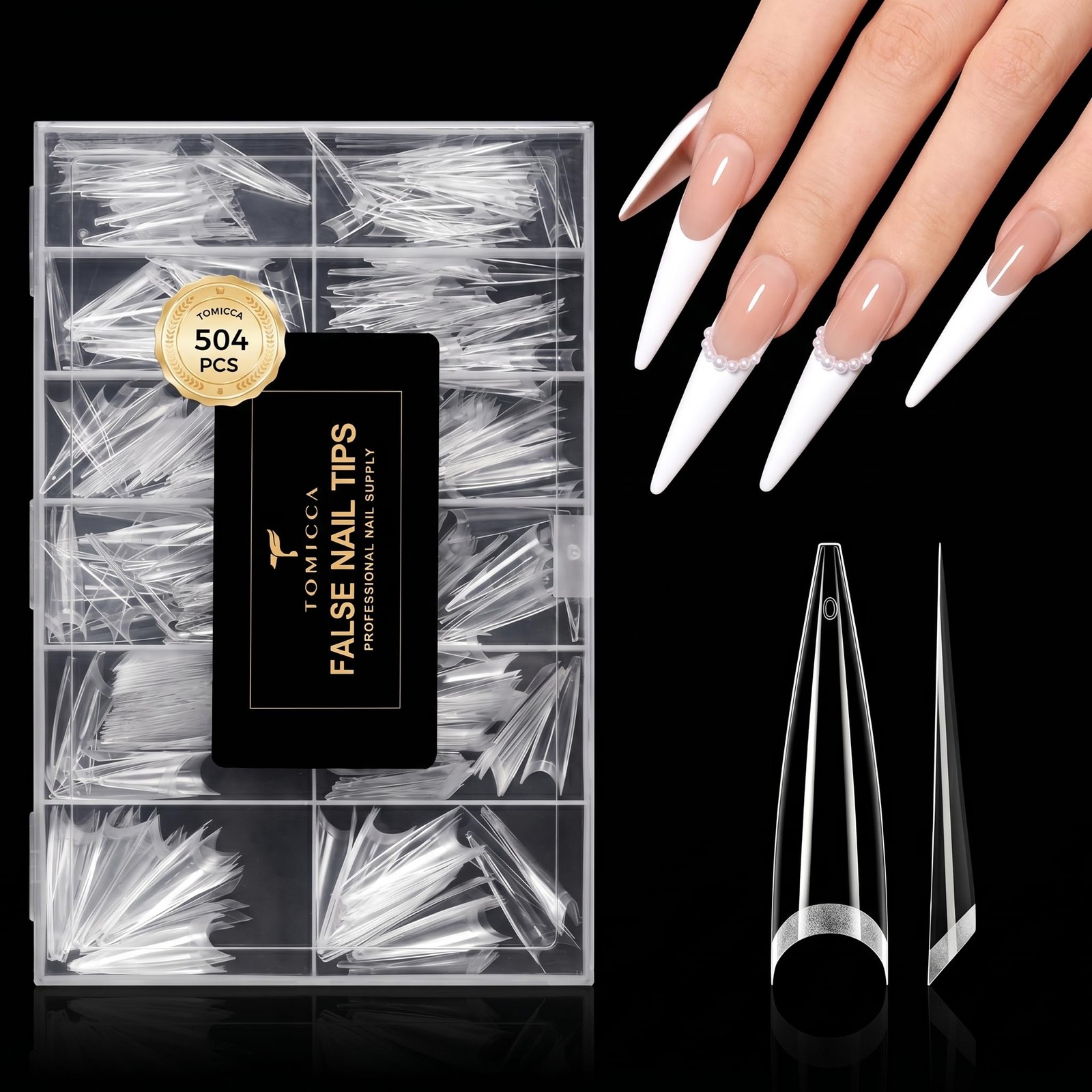 TOMICCA 504-XXL Stiletto Nail Tips Clear Half Cover 12 Sizes