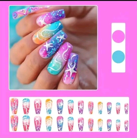 24pcs Summer Vibes Press-On Nails Set – Colorful Striped & Starfish Design,…