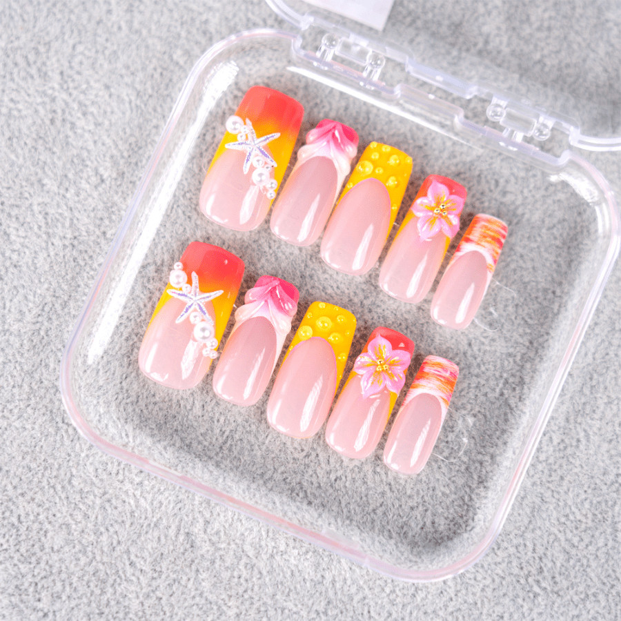 Handmade Orange Pink Gradient Press on Nails Starfish Pearl Glossy Fake Nails