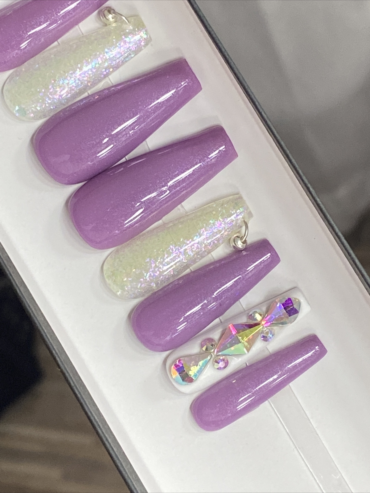 🔥CUSTOM Gel Press On False Nails, Purple w/ BLING 10 set, w/ FULL KIT NEW MED