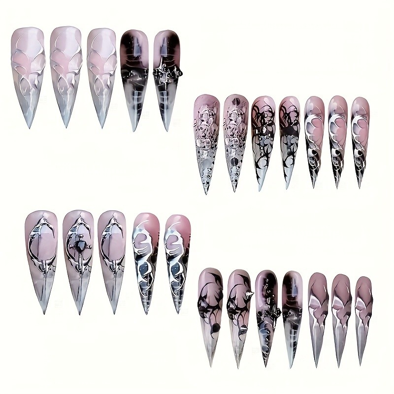 48pcs Edgy Black Thorn Decor Press On Nails Punk Gothic Long Stiletto Fake Nails
