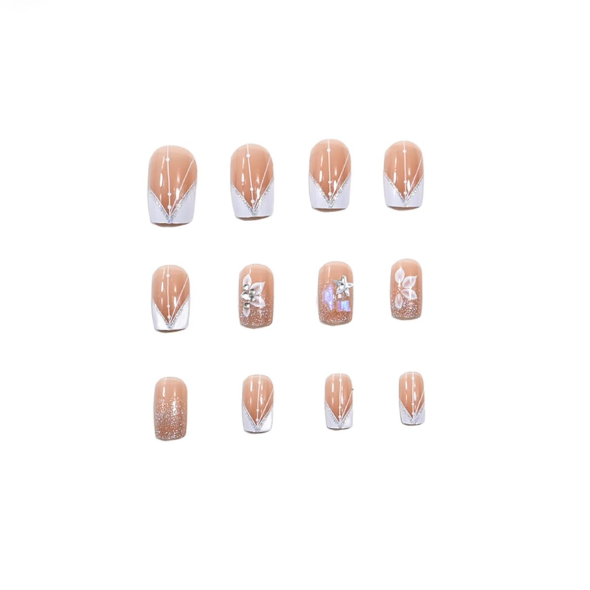 24Pcs Square Short Press on Nails French Tip Fake Nails with Cute Star Rhines…