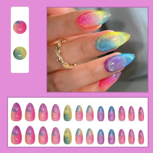 24 Pcs Cat Eye Summer Press on Nails Short Almond Colorful Fake Nails AH-01