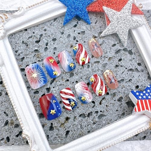 30Pcs 4th of July Press on Nails – Short Square Fake Nails – 4th of July-20