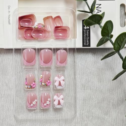 French Tip Press on Nails Short Square Fake Nails Nude Glossy False Nails with