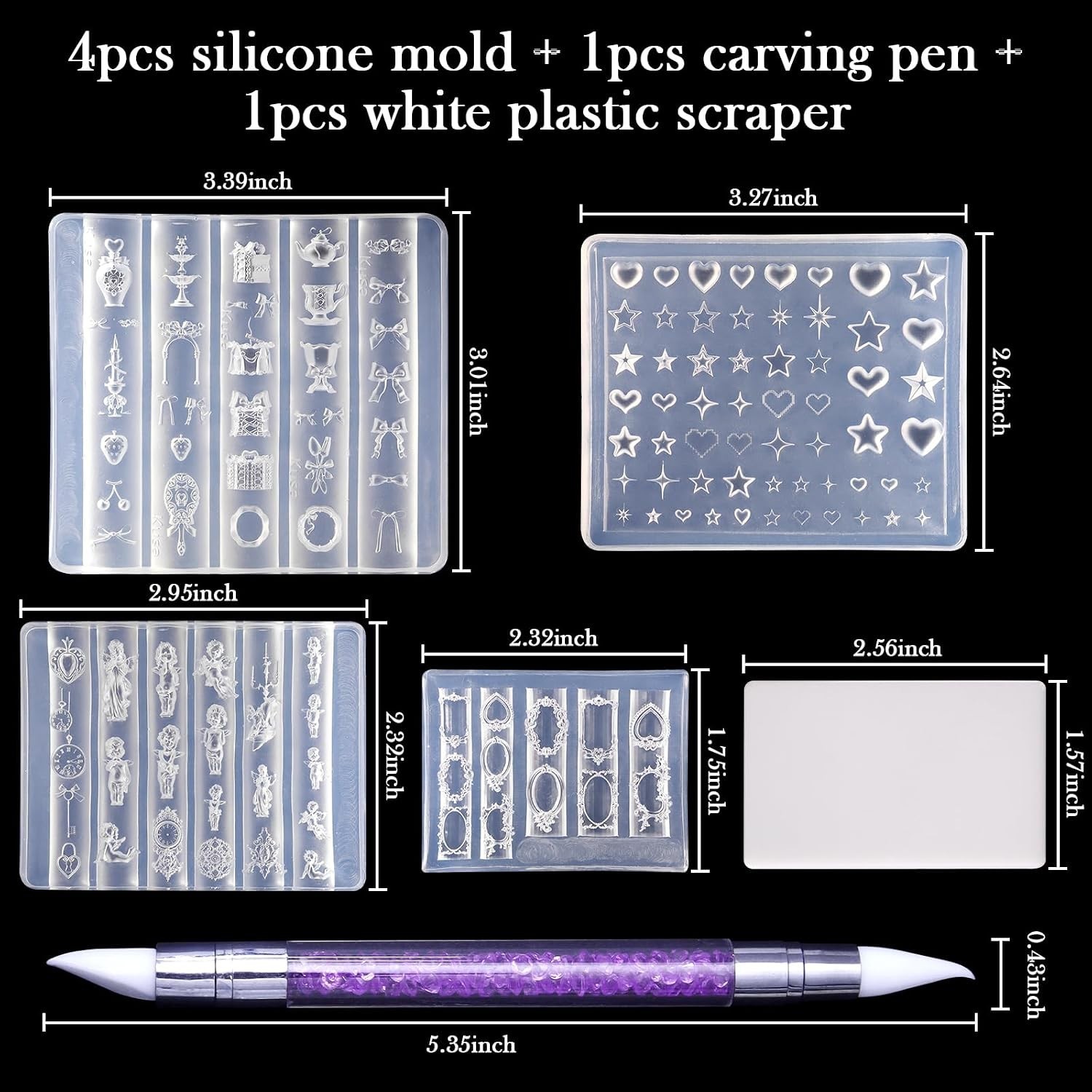 Laza 4pcs Silicone Nail Art Molds, 3D Virgin Mary, Mirror Frame, Heart, Bowkn…