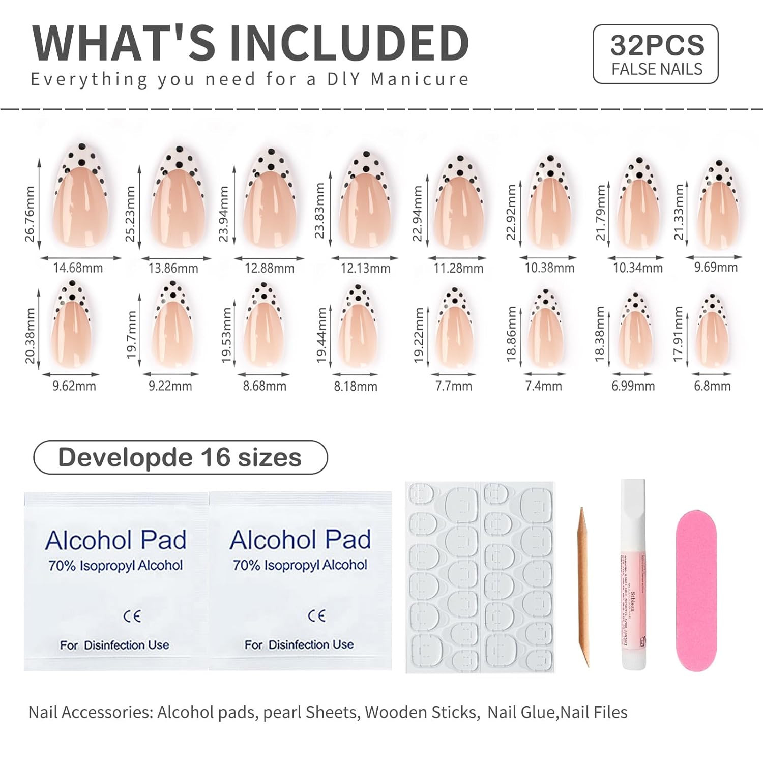Press on Nails Almond Medium – Nude Pink French Tips with Black & White Polka Do
