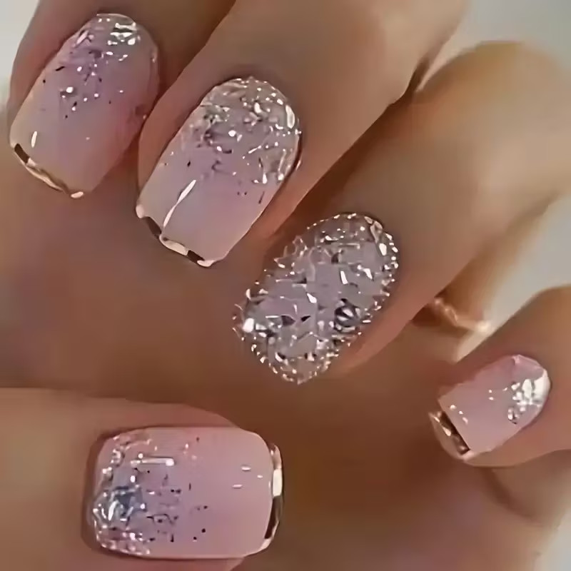 24pcs of Short Square Press On Nails, Glittery French Style, Elegant, Events