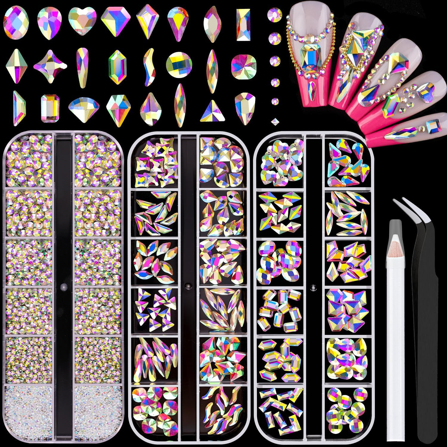 3100Pcs Champagne Gold Nail Rhinestones Kit, 1.5-3Mm Mini Nail Gems + Multi Shap