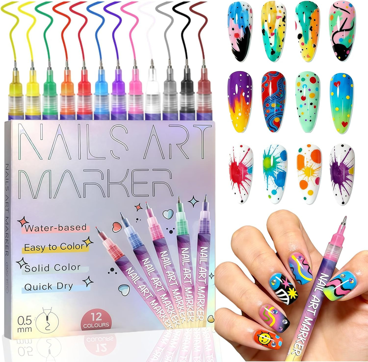 12 Colors Nail Art Pens Set, Quick Dry Nail Art Markers & Nail Polish Pens for D