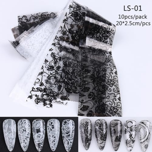 Holographic Nail Foil Transfer Stickers Black White Lace Laser Foils for kit –