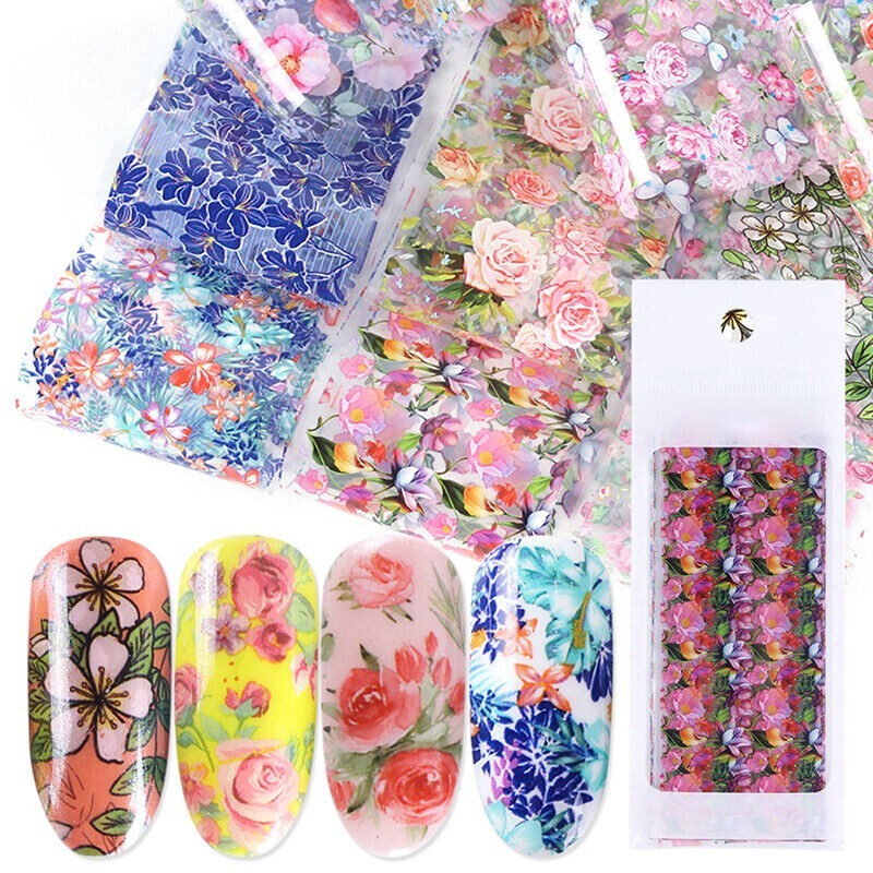 10Pcs Nail Foil Stickers Set For Nails Flowers Art Film Floral Nail Decals X2